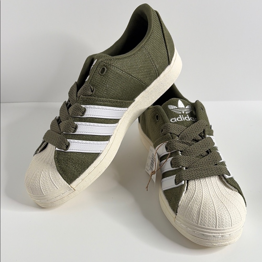 adidas Mens Olive Green Canvas Superstar Sneakers with White Stripes FZ6367